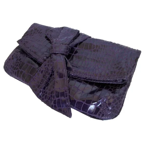 Nine West Clutch Purse -Purple Faux Snakeskin Leather with Bow -New without tags - Picture 1 of 16